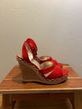 Nine West Red Suede Cork Wedge Sandals